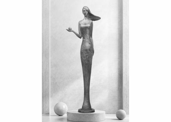 Barbora Fausová – Dívka s jablkem, cínová socha, limitovaná edice, umění, originál, kov